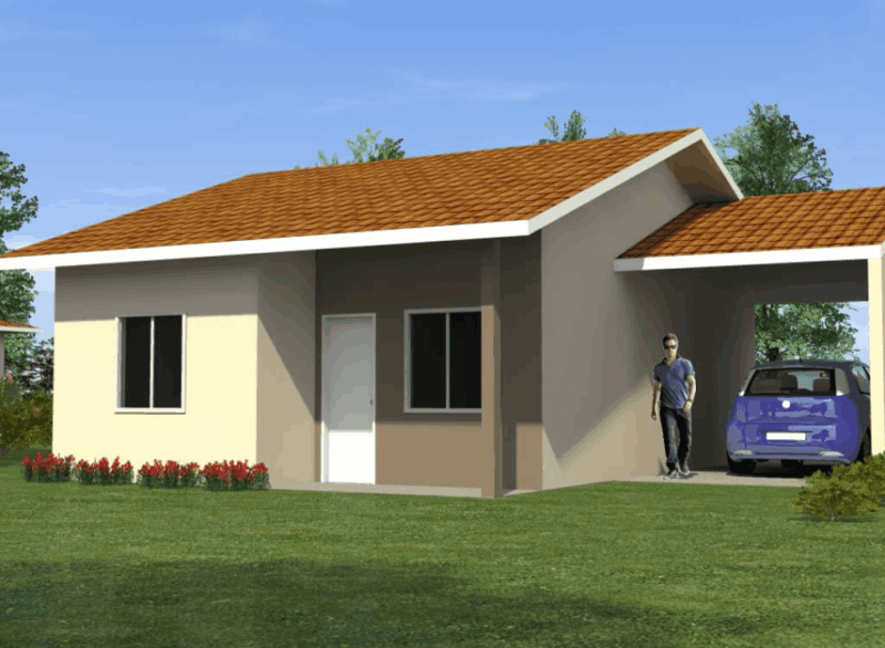 Casa alvenaria de 6m x 9m = 54m², com varanda 1.00m x 3.00m e garagem 3.00m x 5.00m